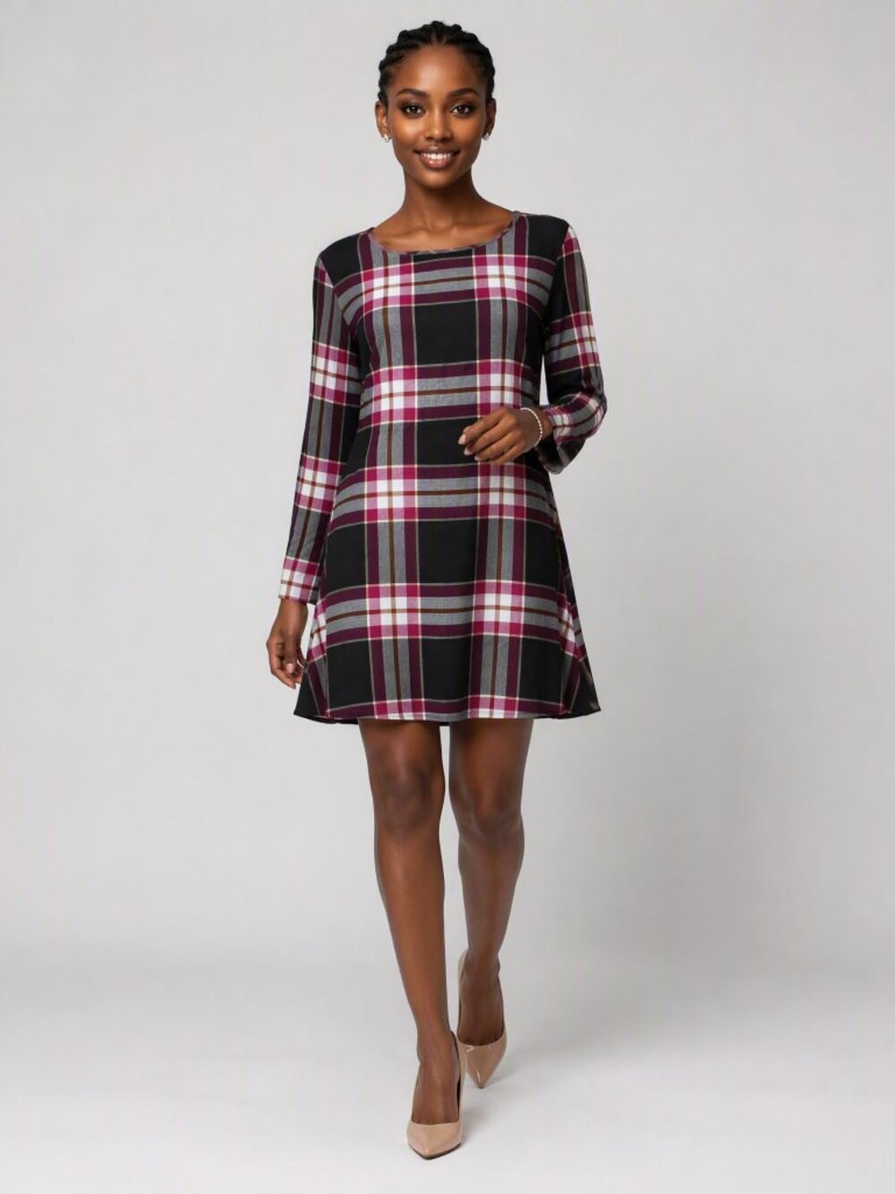 New Ann Taylor Loft Super Cute Black Purple White Plaid Dress Flare Sleeves 6